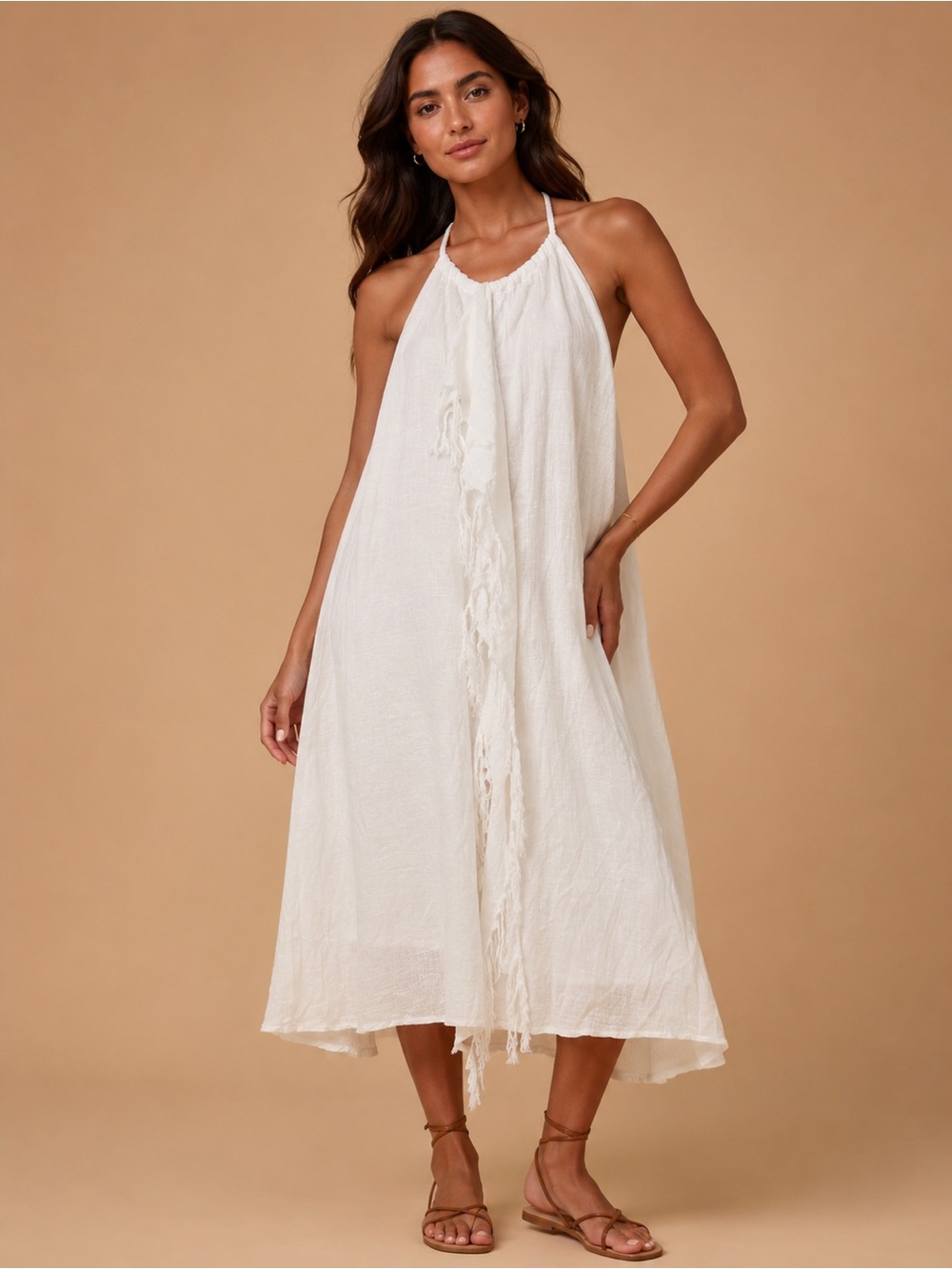 aerie White Halter Midi Cover-Up with Fringe Detail - Picture 1 of 7